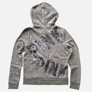 PINK Victorias Secret Gray Lightweight Full Zip Hoodie Sweater Bling Dog Logo XS